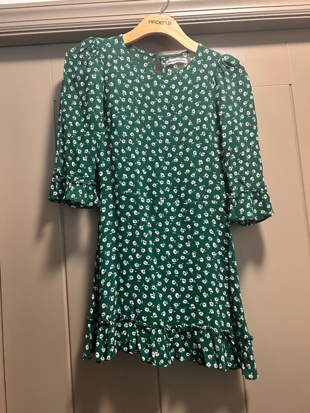 Reformation Forest Green Floral Ruffle Dress, Size 2
